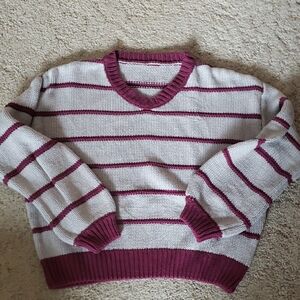 Striped V-Neck Sweater - Burgundy and White